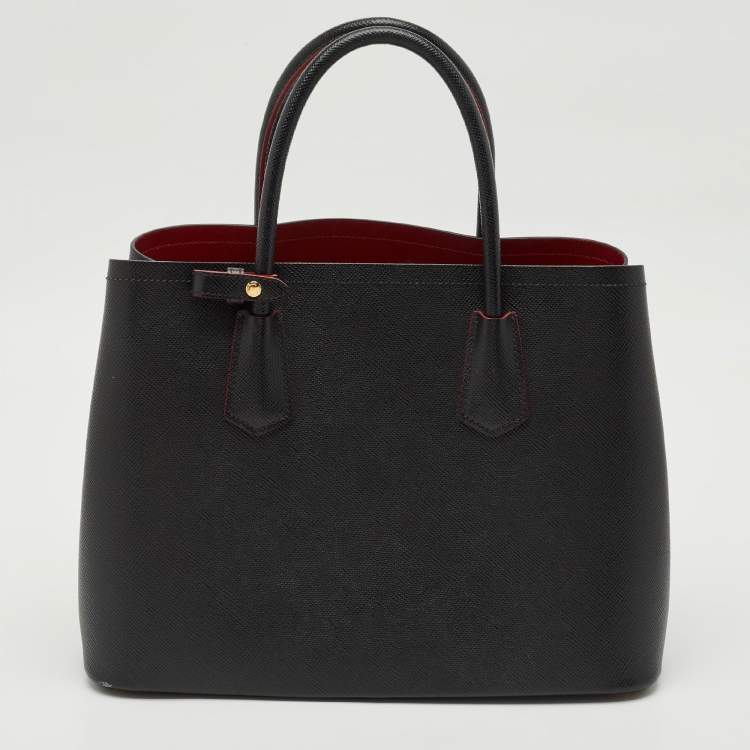 Pre Owned Prada Black Saffiano Cuir Leather Medium Double Handle Tote