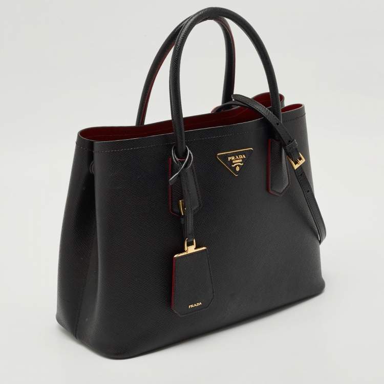 Pre Owned Prada Black Saffiano Cuir Leather Medium Double Handle Tote