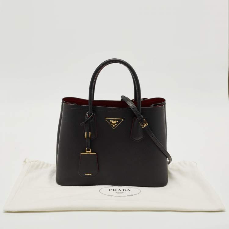Pre Owned Prada Black Saffiano Cuir Leather Medium Double Handle Tote