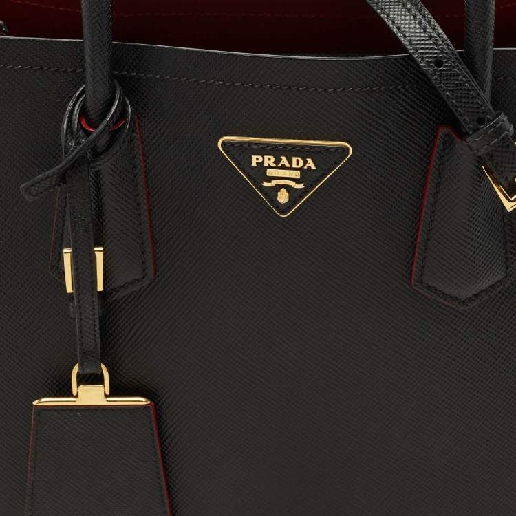 Pre Owned Prada Black Saffiano Cuir Leather Medium Double Handle Tote