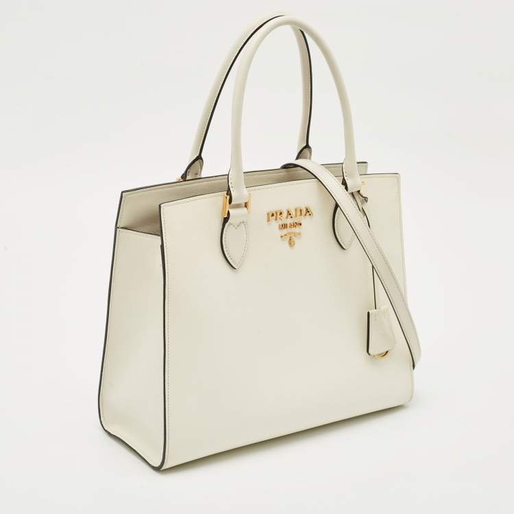Pre Owned Prada White Saffiano Cuir Leather Snap Tote