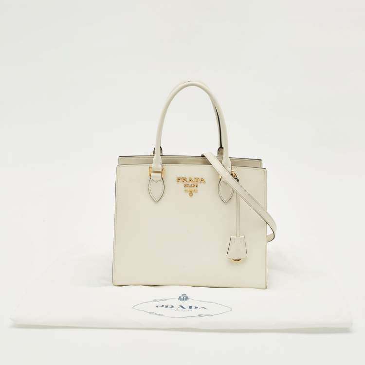 Pre Owned Prada White Saffiano Cuir Leather Snap Tote