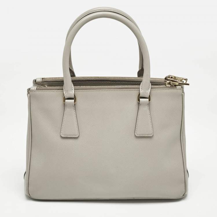 Pre Owned Prada Light Grey Saffiano Leather Small Galleria Double Zip Tote