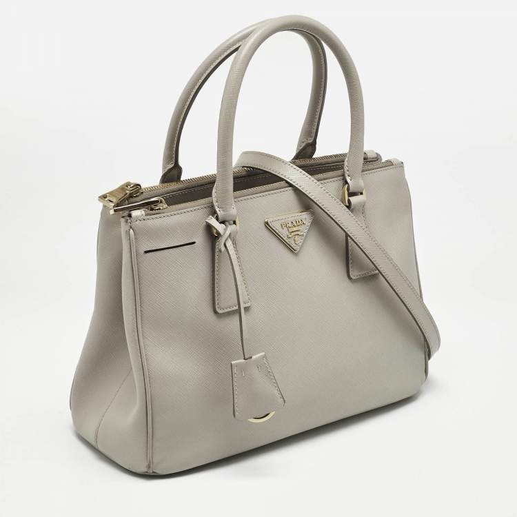 Pre Owned Prada Light Grey Saffiano Leather Small Galleria Double Zip Tote