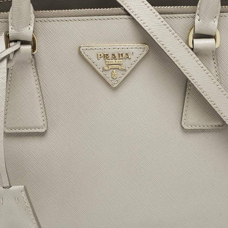 Pre Owned Prada Light Grey Saffiano Leather Small Galleria Double Zip Tote