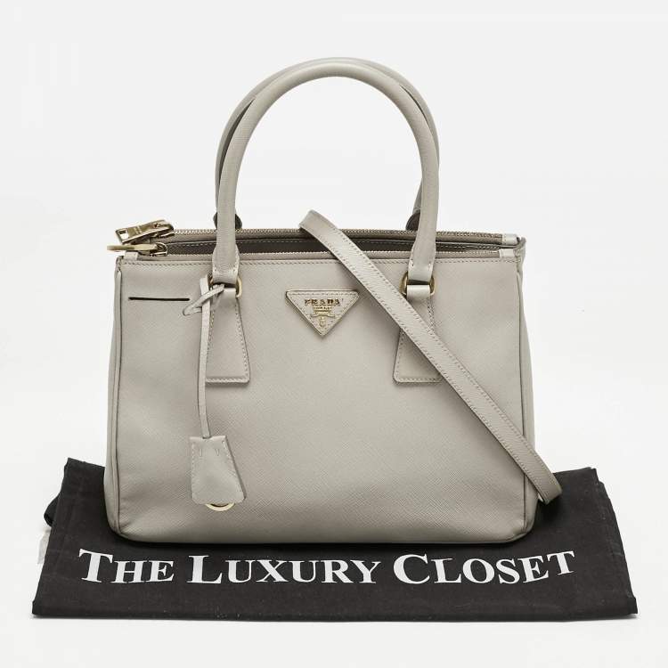 Pre Owned Prada Light Grey Saffiano Leather Small Galleria Double Zip Tote