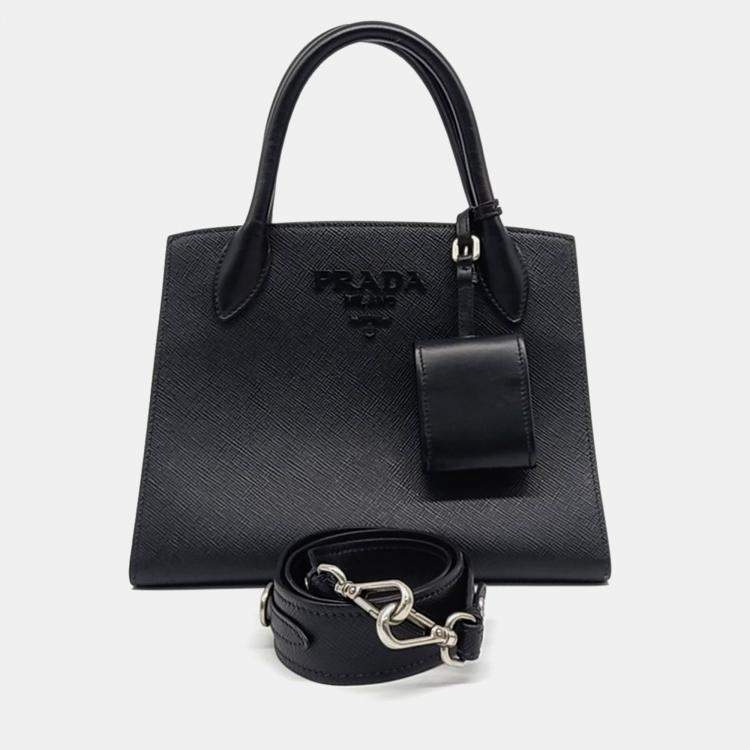 Pre Owned Prada Black Leather Saffiano Monochrome Tote and Shoulder Bag