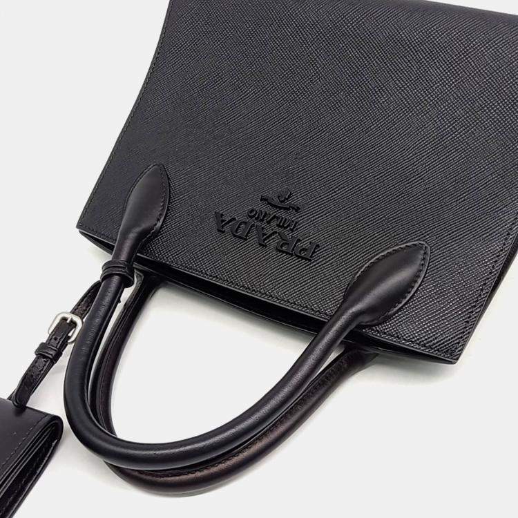 Pre Owned Prada Black Leather Saffiano Monochrome Tote and Shoulder Bag