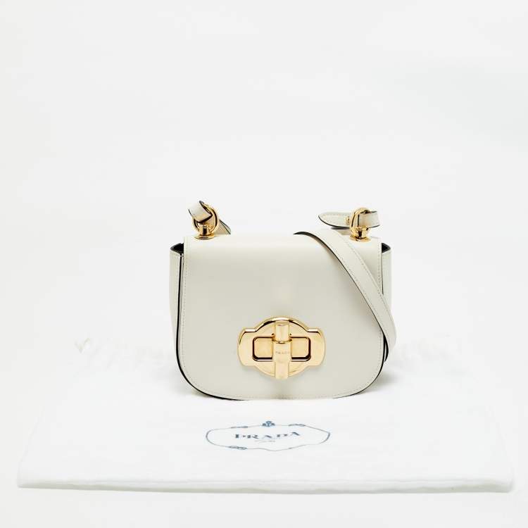 Pre Owned Prada White Leather Turnlock Saddle Crossbody Bag