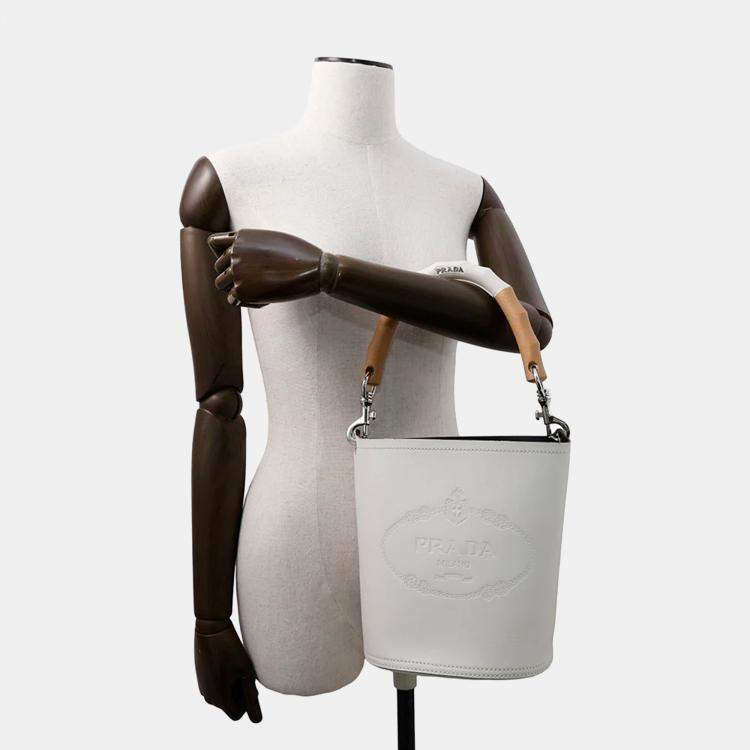 Pre Owned Prada Tambour White Leather Wood Bucket Bag