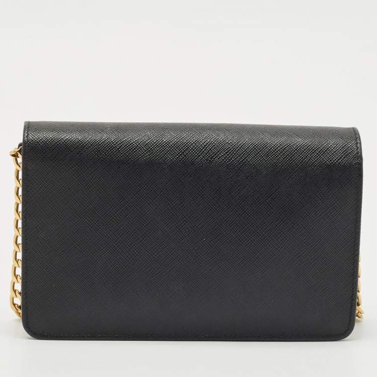 Pre Owned Prada Black Saffiano Leather Wallet On Chain