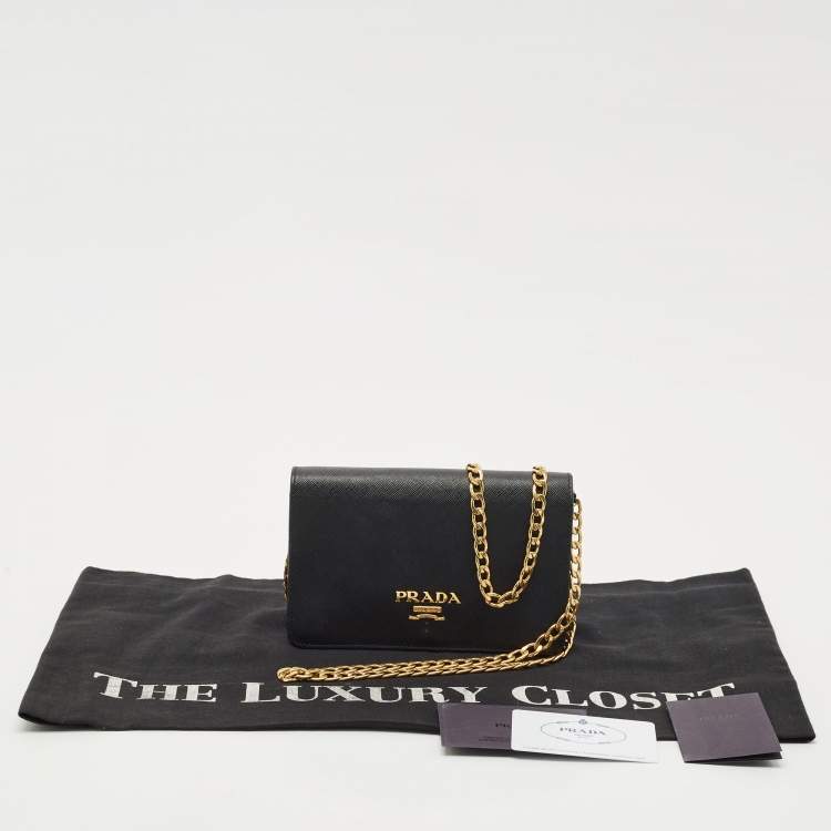 Pre Owned Prada Black Saffiano Leather Wallet On Chain