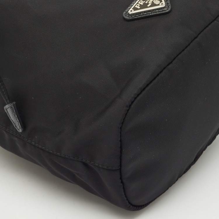 Pre Owned Prada Black Leather and Nylon Drawstring Wristlet Pouch