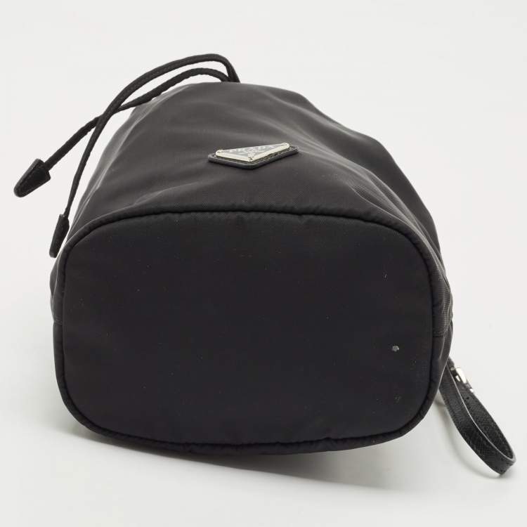 Pre Owned Prada Black Leather and Nylon Drawstring Wristlet Pouch