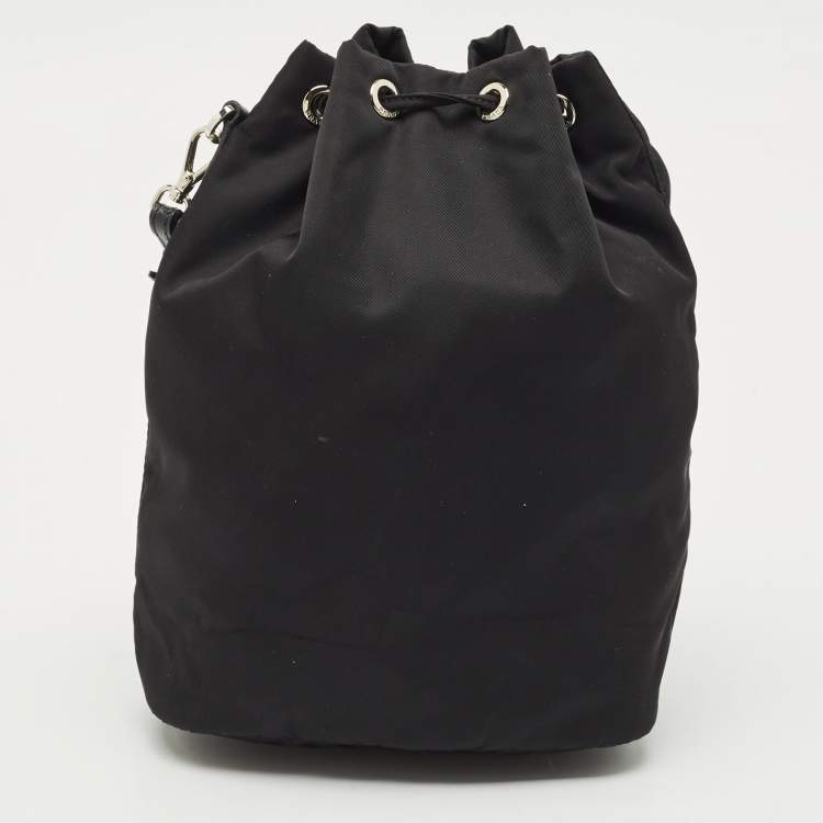 Pre Owned Prada Black Leather and Nylon Drawstring Wristlet Pouch