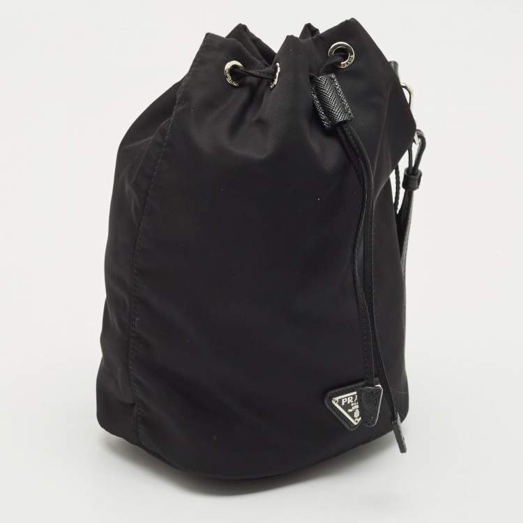 Pre Owned Prada Black Leather and Nylon Drawstring Wristlet Pouch