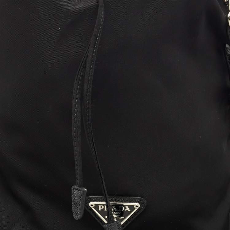 Pre Owned Prada Black Leather and Nylon Drawstring Wristlet Pouch
