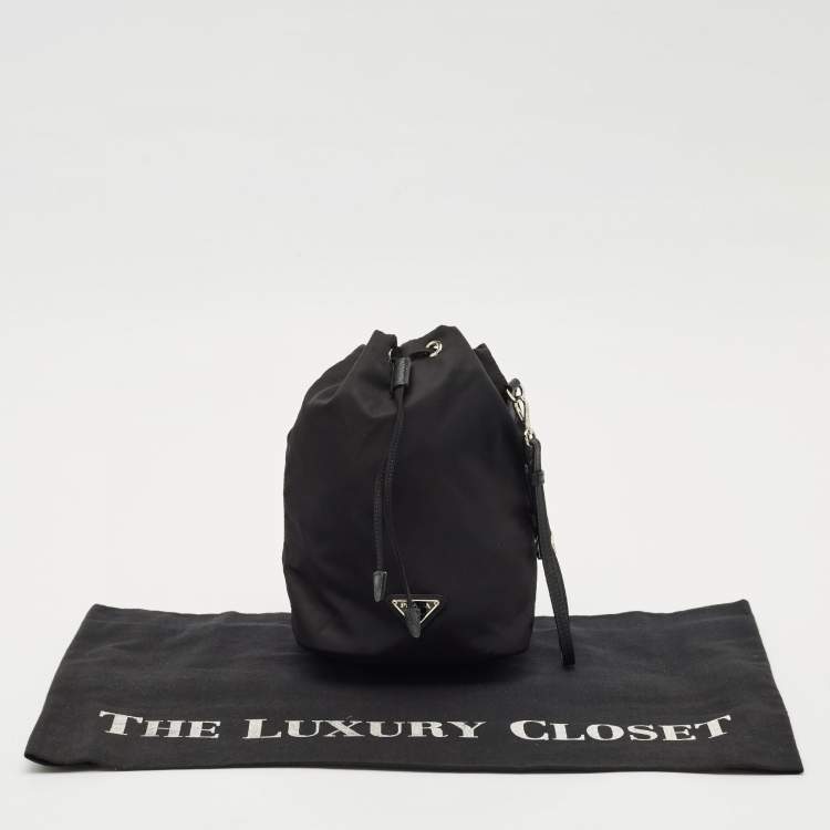 Pre Owned Prada Black Leather and Nylon Drawstring Wristlet Pouch