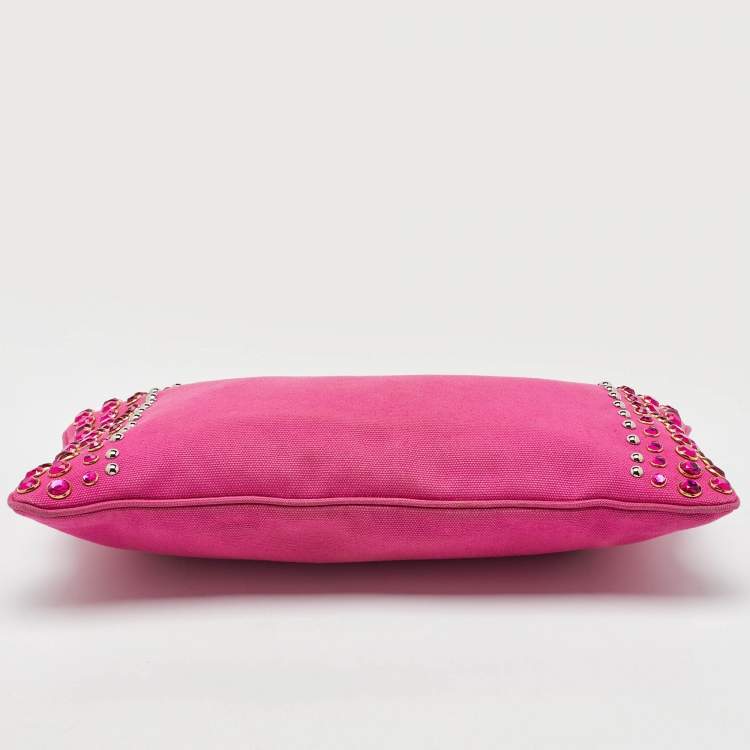 Pre Owned Prada Pink Canvas Crystal Embellished Zip Pouch Clutch