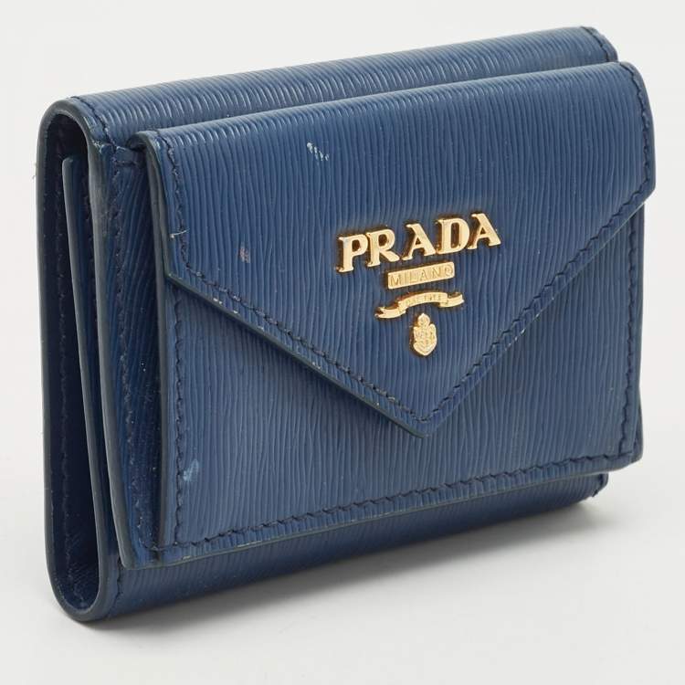 Pre Owned Prada Navy Blue Vitello Move Leather Envelope Trifold Wallet