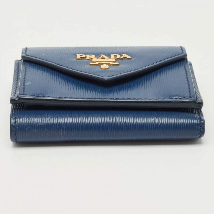 Pre Owned Prada Navy Blue Vitello Move Leather Envelope Trifold Wallet