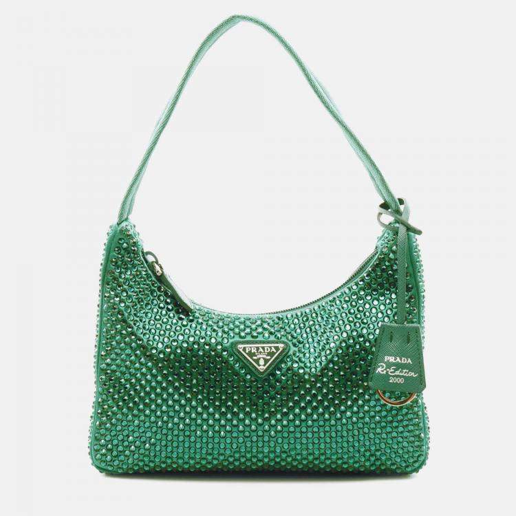 Pre Owned Prada Green Mini Satin Crystal Re Edition 2000 Shoulder Bag
