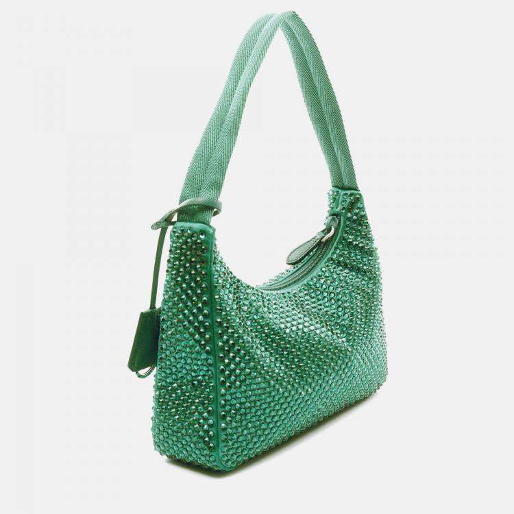 Pre Owned Prada Green Mini Satin Crystal Re Edition 2000 Shoulder Bag