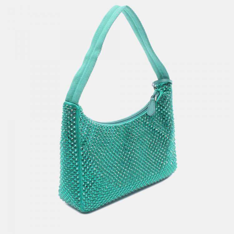 Pre Owned Prada Green Mini Satin Crystal Re Edition 2000 Shoulder Bag