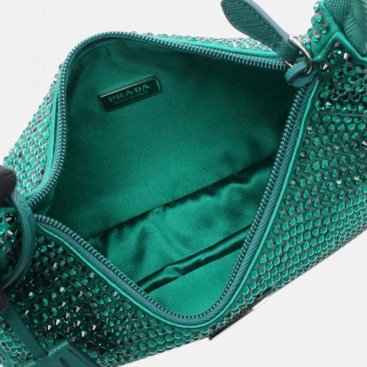 Pre Owned Prada Green Mini Satin Crystal Re Edition 2000 Shoulder Bag