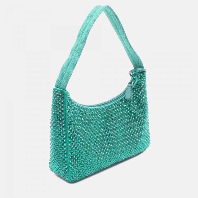 Pre Owned Prada Green Mini Satin Crystal Re Edition 2000 Shoulder Bag