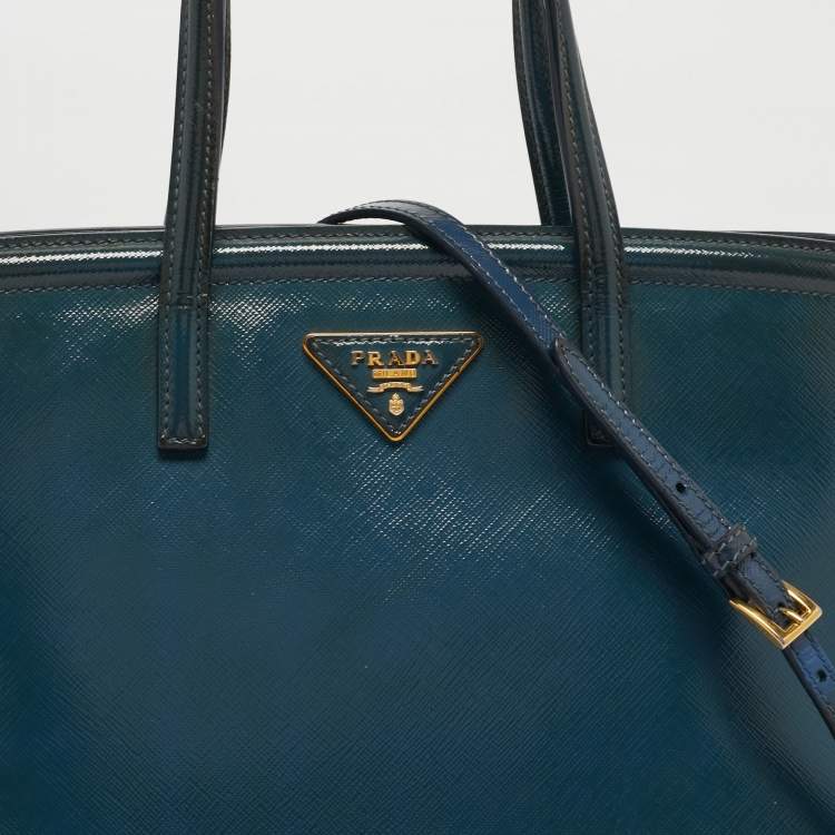 Pre Owned Prada Dark Blue Saffiano Vernic Leather Parabole Tote