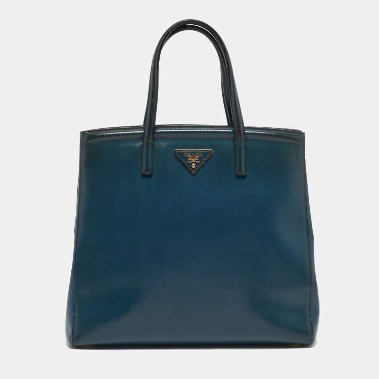 Pre Owned Prada Dark Blue Saffiano Vernic Leather Parabole Tote
