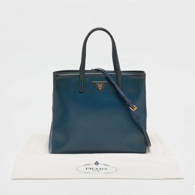 Pre Owned Prada Dark Blue Saffiano Vernic Leather Parabole Tote
