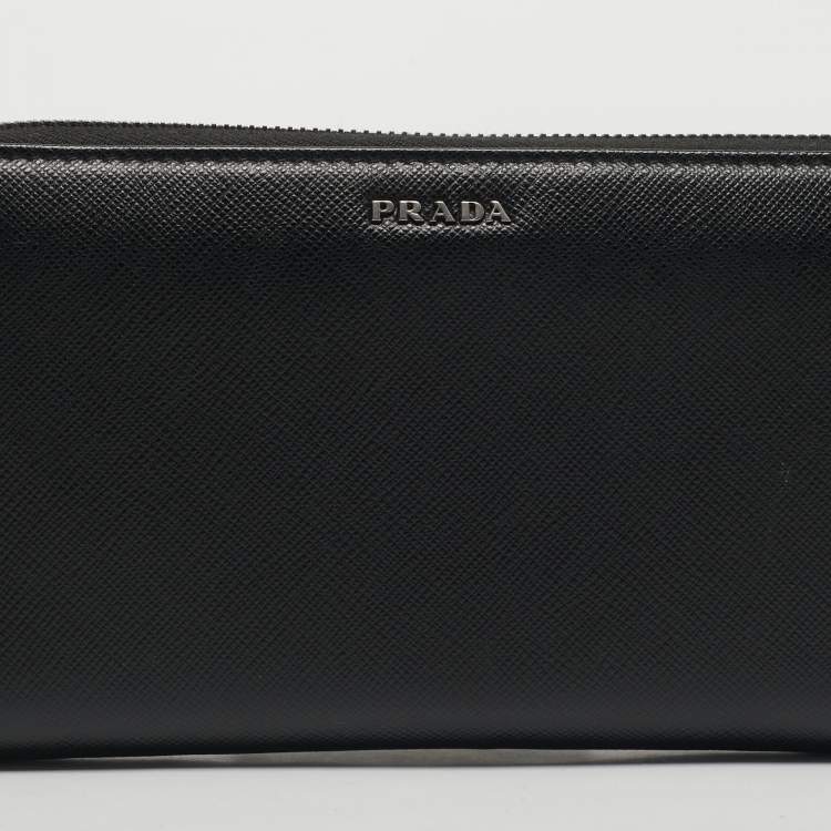 Pre Owned Prada Black Saffiano Leather Zip Around Wallet