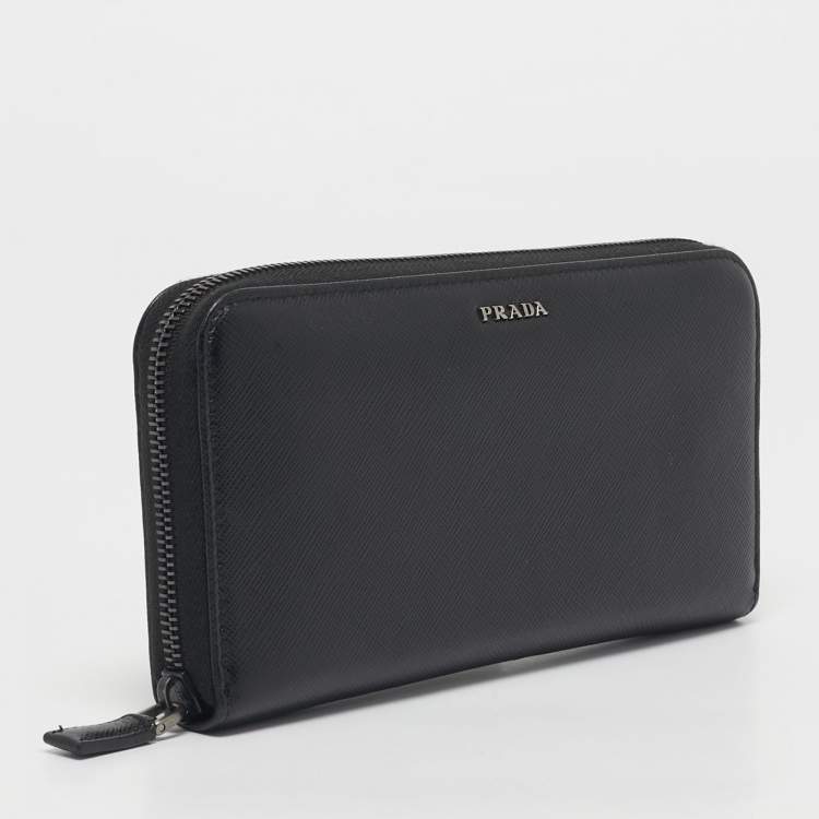 Pre Owned Prada Black Saffiano Leather Zip Around Wallet