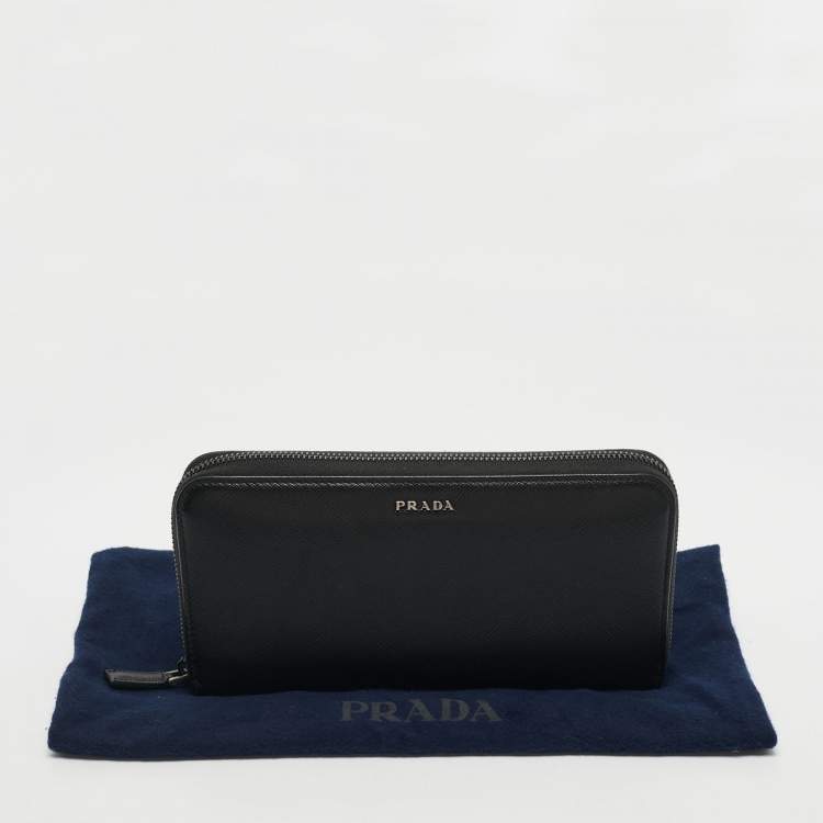 Pre Owned Prada Black Saffiano Leather Zip Around Wallet