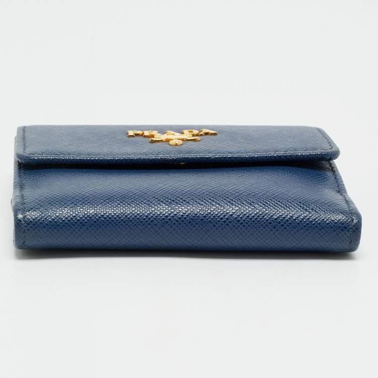 Pre Owned Prada Blue Saffiano Metal Leather French Compact Wallet