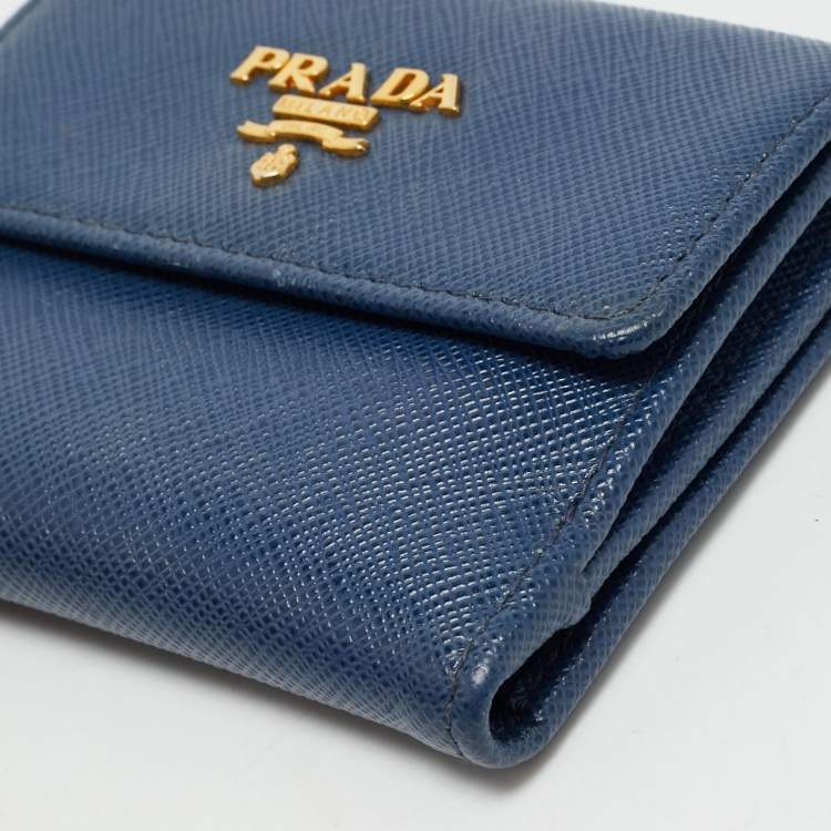 Pre Owned Prada Blue Saffiano Metal Leather French Compact Wallet