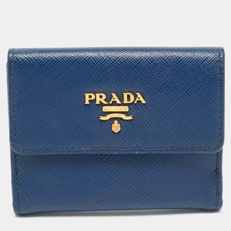 Pre Owned Prada Blue Saffiano Metal Leather French Compact Wallet