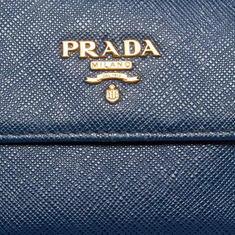 Pre Owned Prada Blue Saffiano Metal Leather French Compact Wallet