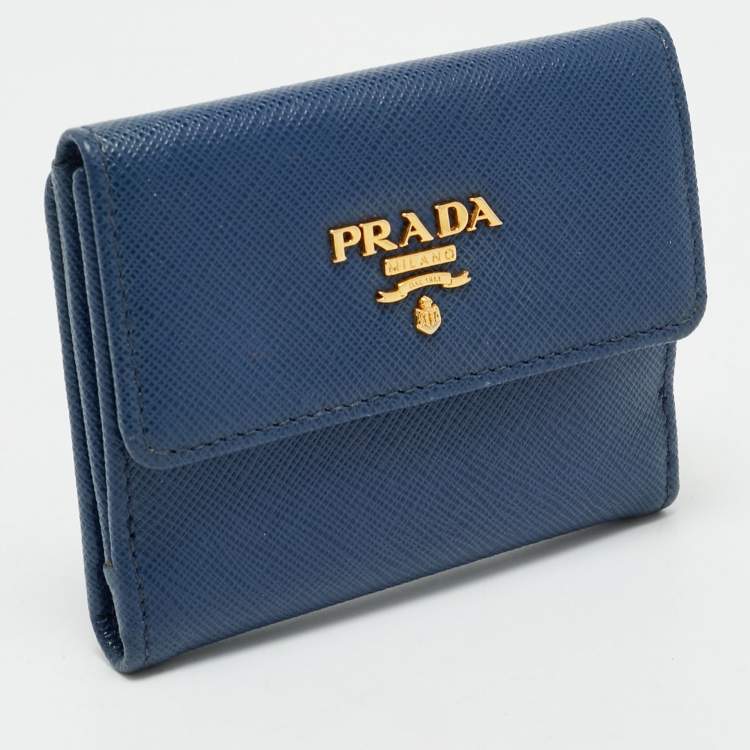 Pre Owned Prada Blue Saffiano Metal Leather French Compact Wallet