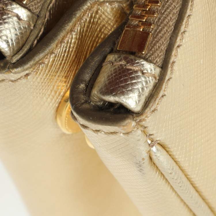 Pre Owned Prada Gold Saffiano Lux Leather Small Galleria Double Zip Tote