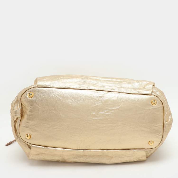 Pre Owned Prada Gold Metalic Leather Drawstring Tote