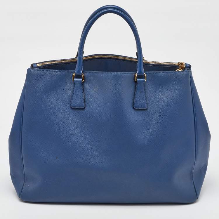 Pre Owned Prada Blue Saffiano Lux Leather Extra Large Galleria Double Zip Tote
