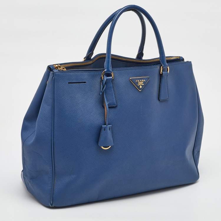 Pre Owned Prada Blue Saffiano Lux Leather Extra Large Galleria Double Zip Tote