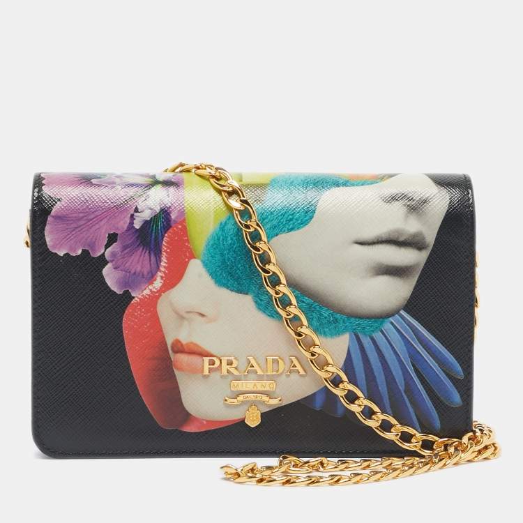 Pre Owned Prada Black Saffiano Printed Faces Leather Chain Clutch