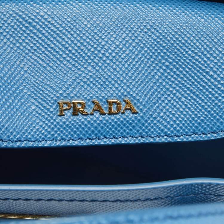 Pre Owned Prada Blue Saffiano Cuir Leather Mini Double Handle Tote