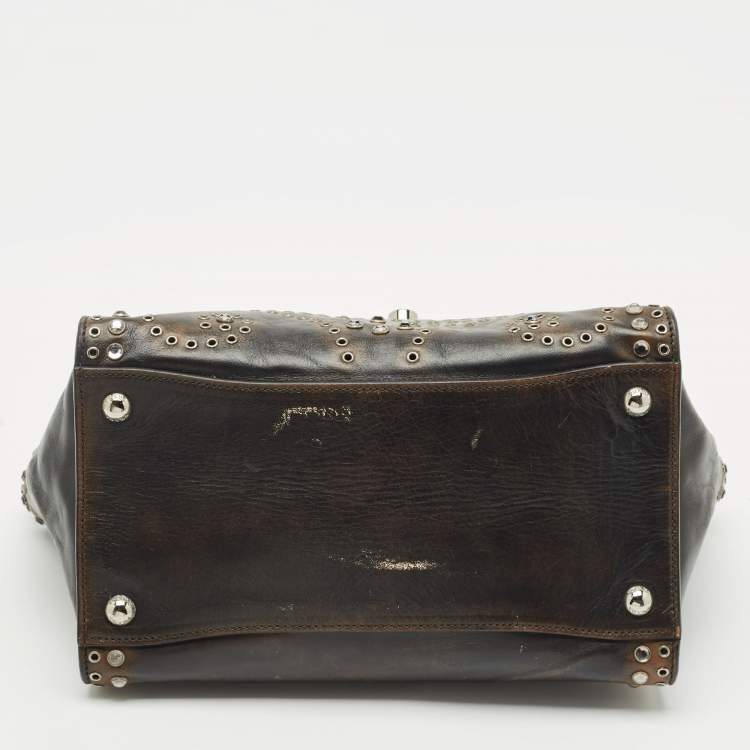 Pre Owned Prada Dark Brown Leather Embellished Sound Twin Pocket Top Handle Bag