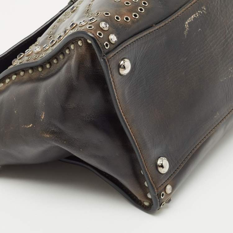 Pre Owned Prada Dark Brown Leather Embellished Sound Twin Pocket Top Handle Bag