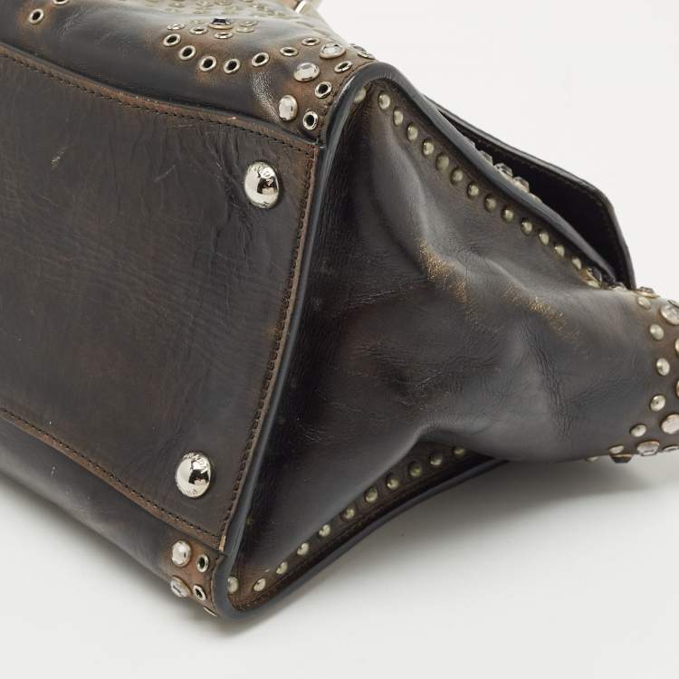 Pre Owned Prada Dark Brown Leather Embellished Sound Twin Pocket Top Handle Bag